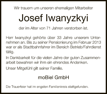 Traueranzeige von Josef Iwanyzkyi von Neue Westfälische