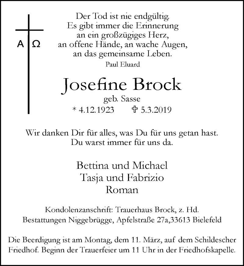 Traueranzeige für Josefine Brock vom 09.03.2019 aus Neue Westfälische