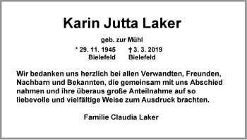 Traueranzeige von Karin Jutta Laker von Neue Westfälische