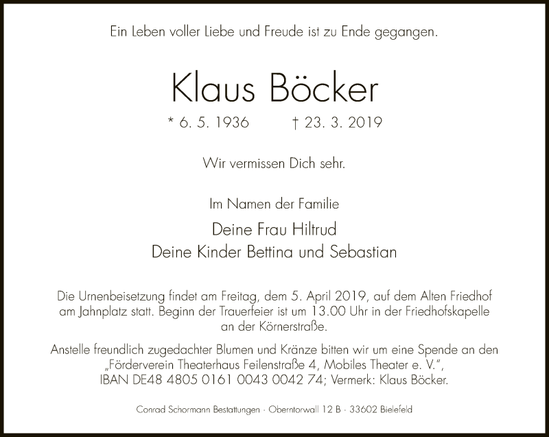  Traueranzeige für Klaus Böcker vom 30.03.2019 aus Neue Westfälische