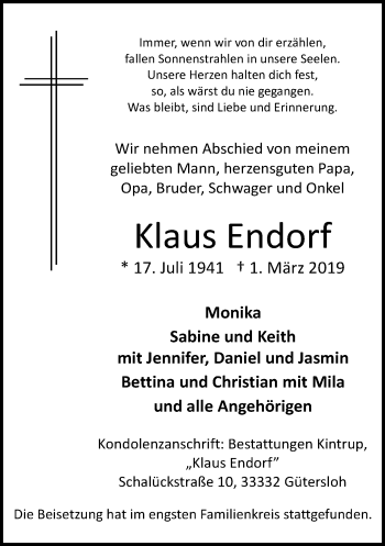 Traueranzeige von Klaus Endorf von Neue Westfälische