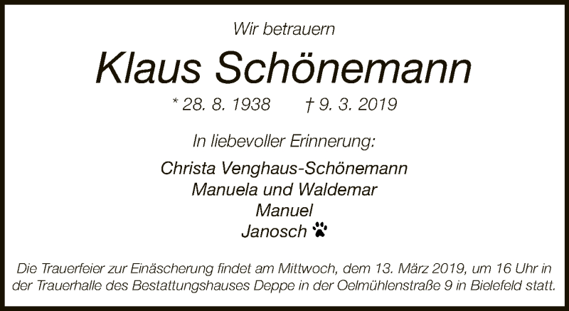  Traueranzeige für Klaus Schönemann vom 12.03.2019 aus Neue Westfälische