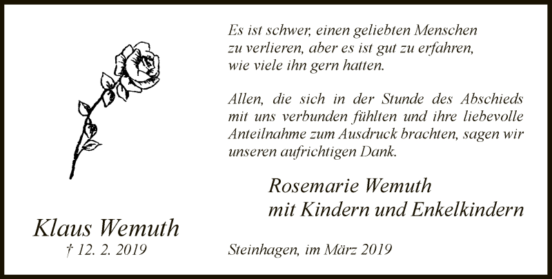  Traueranzeige für Klaus Wemuth vom 16.03.2019 aus Neue Westfälische