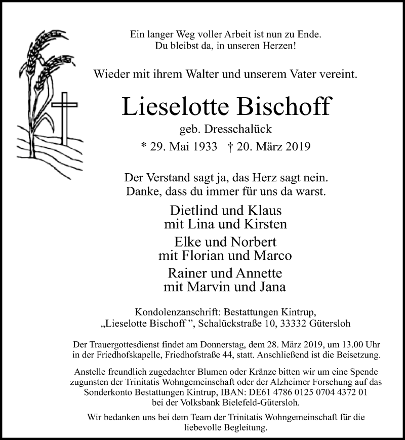  Traueranzeige für Lieselotte Bischoff vom 23.03.2019 aus Neue Westfälische