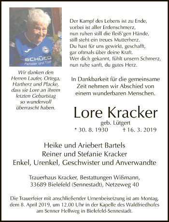 Traueranzeige von Lore Kracker von Neue Westfälische