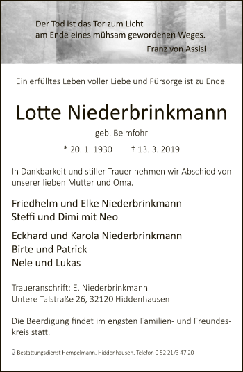 Traueranzeige von Lotte Niederbrinkmann von Neue Westfälische