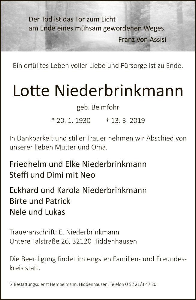  Traueranzeige für Lotte Niederbrinkmann vom 16.03.2019 aus Neue Westfälische