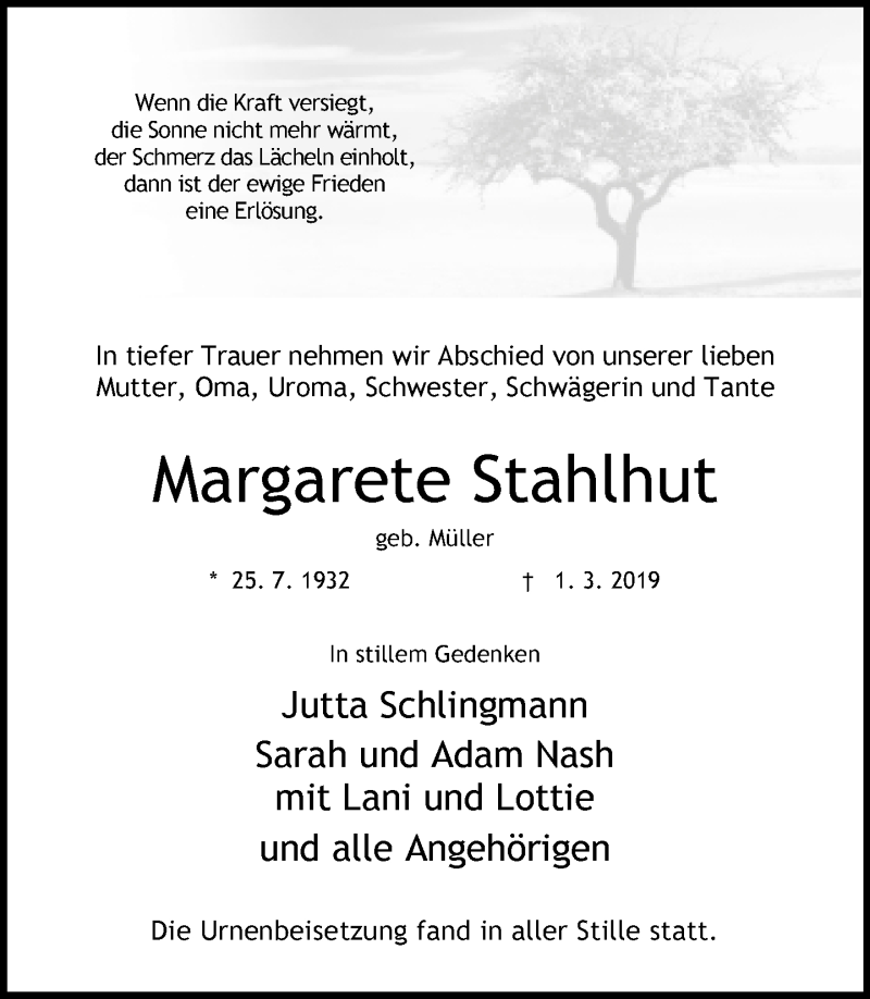  Traueranzeige für Margarete Stahlhut vom 16.03.2019 aus Neue Westfälische