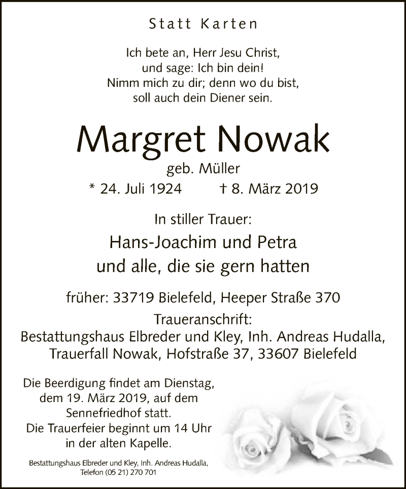 Traueranzeige für Margret Nowak vom 13.03.2019 aus Neue Westfälische
