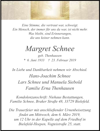 Traueranzeige von Margret Schnee von Neue Westfälische