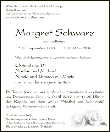 Traueranzeige von Margret Schwarz von Neue Westfälische