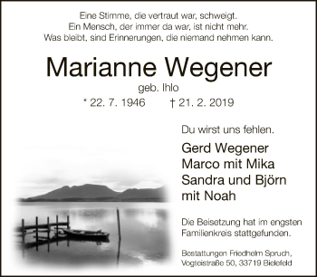 Traueranzeige von Marianne Wegener von Neue Westfälische