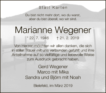 Traueranzeige von Marianne Wegener von Neue Westfälische