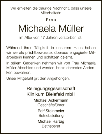 Traueranzeige von Michaela Müller von Neue Westfälische