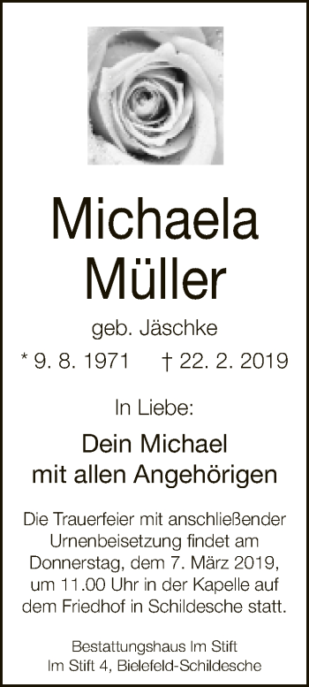 Traueranzeige von Michaela Müller von Neue Westfälische