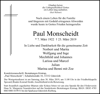 Traueranzeige von Paul Monscheidt von Neue Westfälische