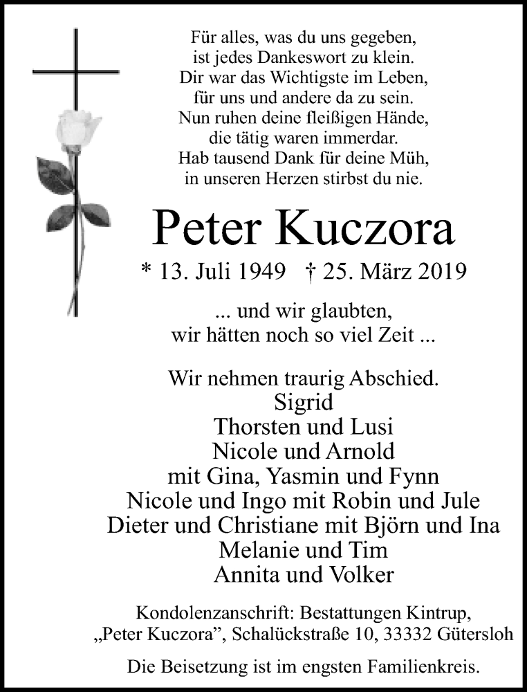  Traueranzeige für Peter Kuczora vom 27.03.2019 aus Neue Westfälische