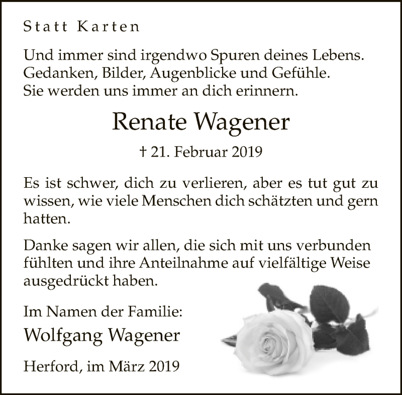  Traueranzeige für Renate Wagener vom 16.03.2019 aus Neue Westfälische