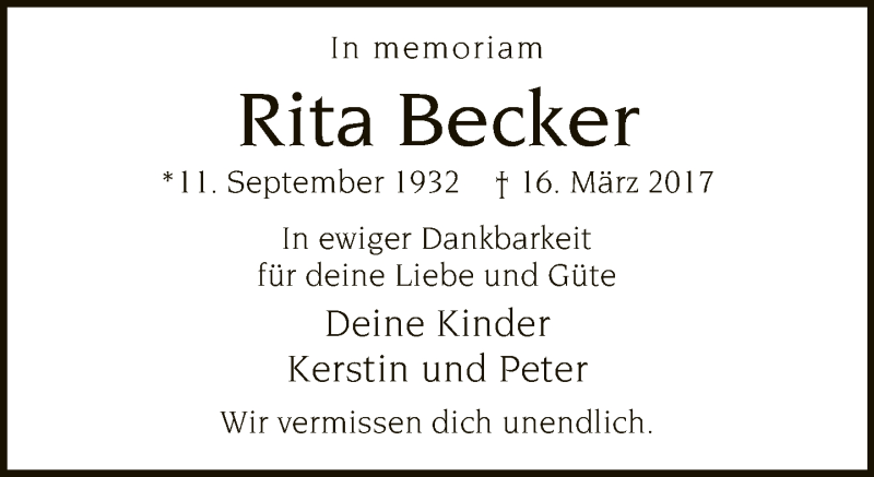 Traueranzeige für Rita Becker vom 16.03.2019 aus Neue Westfälische