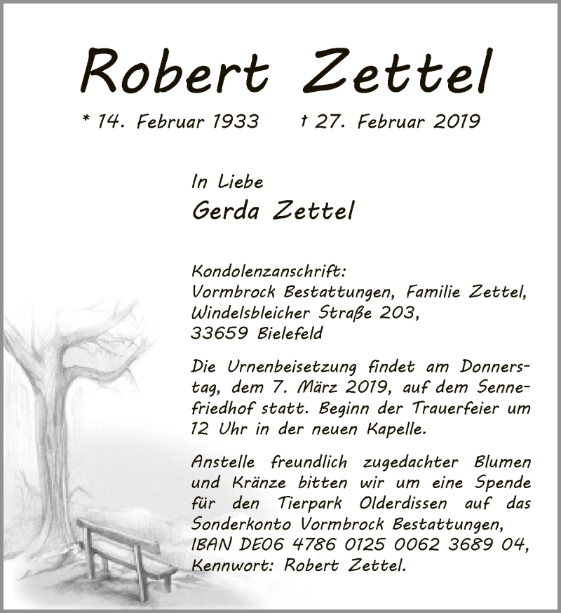  Traueranzeige für Robert Zettel vom 02.03.2019 aus Neue Westfälische