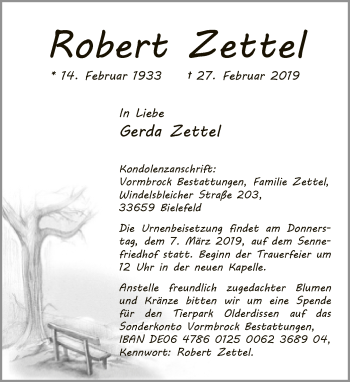 Traueranzeige von Robert Zettel von Neue Westfälische