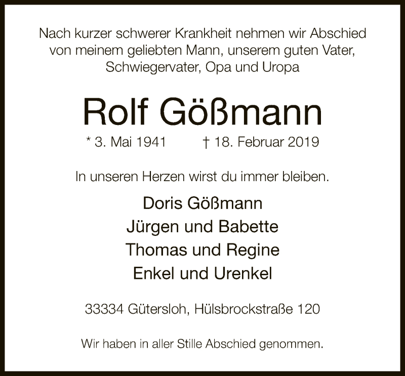  Traueranzeige für Rolf Gößmann vom 16.03.2019 aus Neue Westfälische