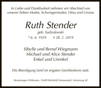 Traueranzeige von Ruth Stender von Neue Westfälische