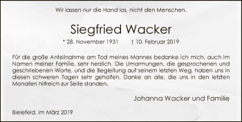 Traueranzeige von Siegfried Wacker von Neue Westfälische