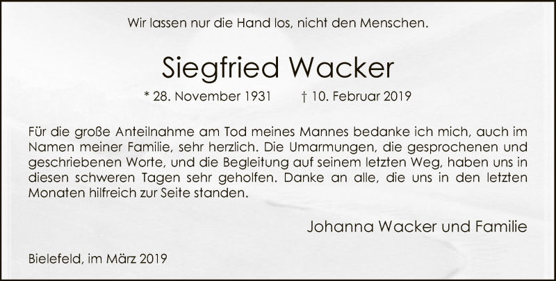  Traueranzeige für Siegfried Wacker vom 23.03.2019 aus Neue Westfälische