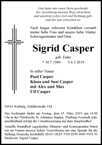 Traueranzeige von Sigrid Casper von Neue Westfälische