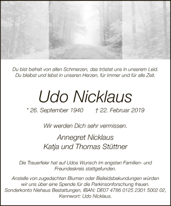Traueranzeige von Udo Nicklaus von Neue Westfälische