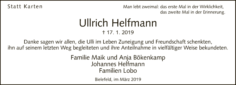  Traueranzeige für Ullrich Helfmann vom 16.03.2019 aus Neue Westfälische