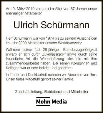 Traueranzeige von Ulrich Schürmann von Neue Westfälische