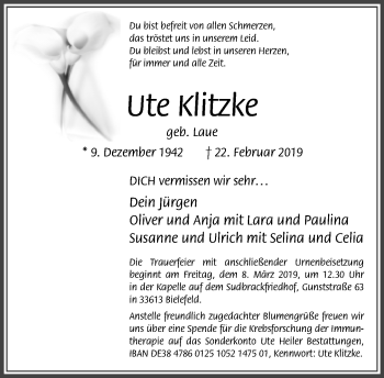 Traueranzeige von Ute Klitzke von Neue Westfälische