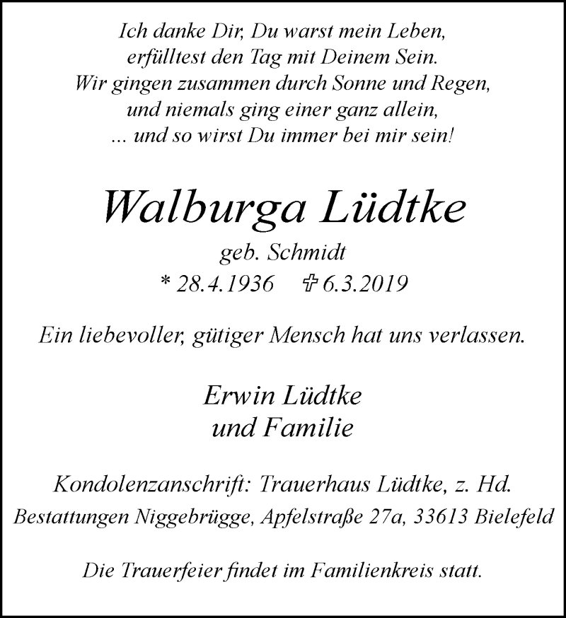  Traueranzeige für Walburga Lüdtke vom 09.03.2019 aus Neue Westfälische
