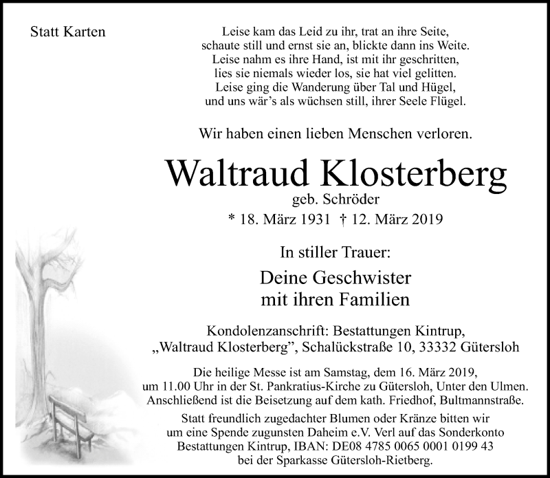 Traueranzeige für Waltraud Klosterberg vom 14.03.2019 aus Neue Westfälische