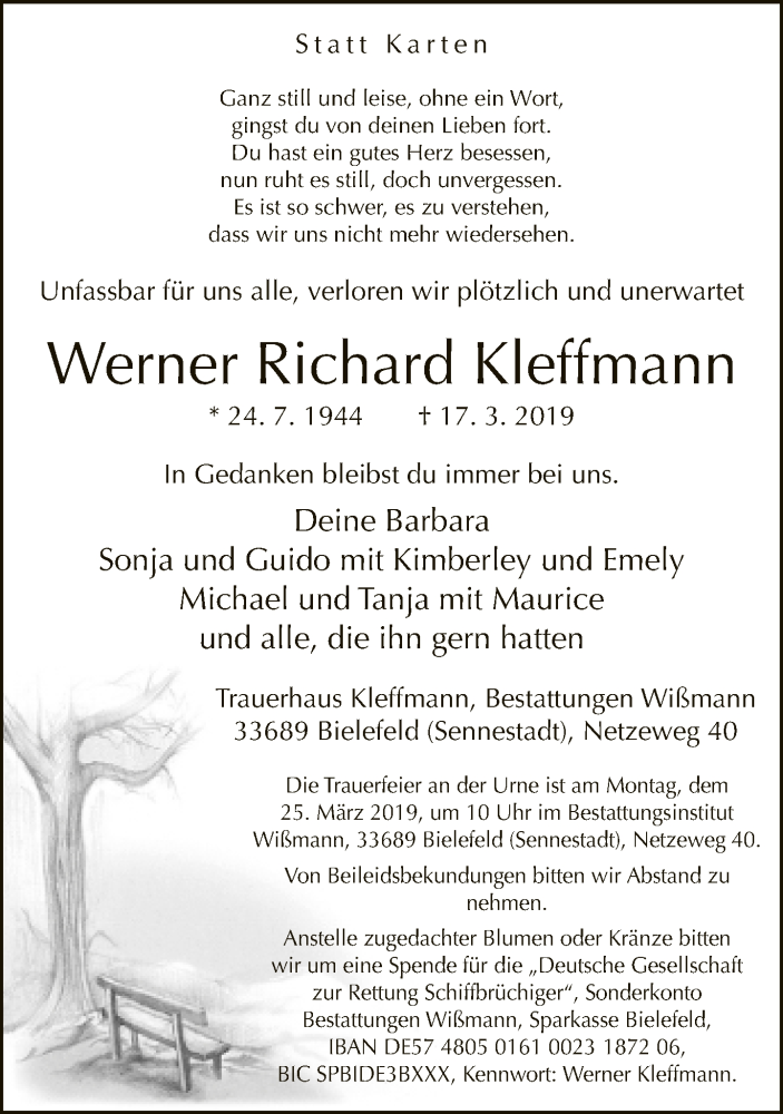  Traueranzeige für Werner Richard Kleffmann vom 20.03.2019 aus Neue Westfälische