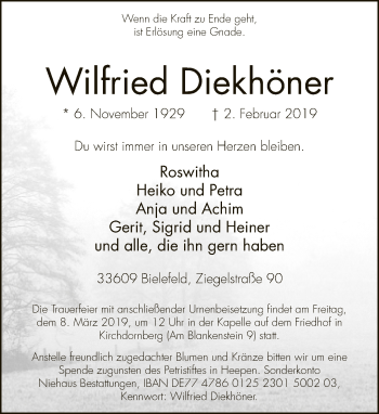 Traueranzeige von Wilfried Diekhöner von Neue Westfälische