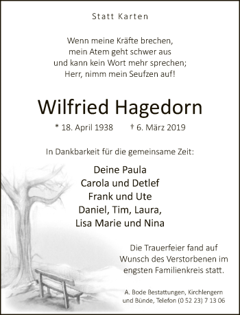 Traueranzeige von Wilfried Hagedorn von Neue Westfälische