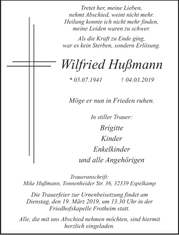 Traueranzeige von Wilfried Hußmann von Neue Westfälische