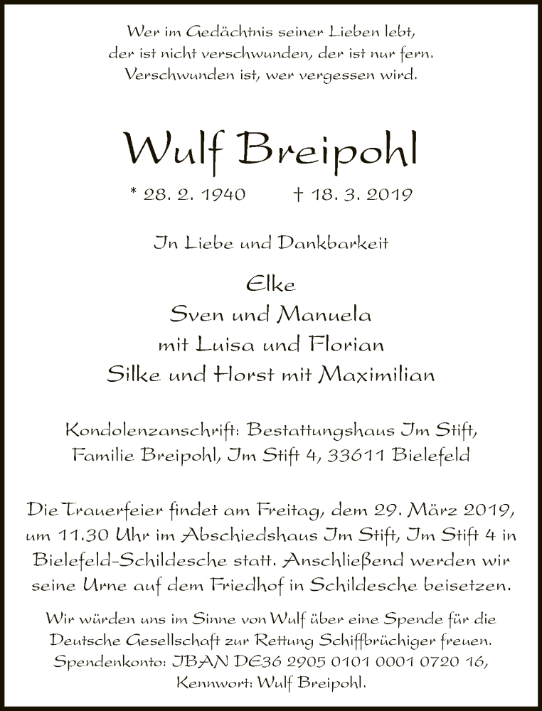  Traueranzeige für Wulf Breipohl vom 23.03.2019 aus Neue Westfälische
