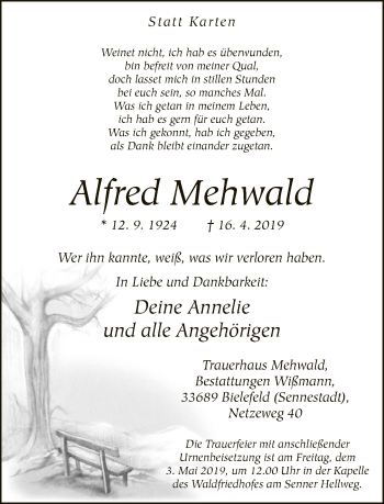 Traueranzeige von Alfred Mehwald von Neue Westfälische