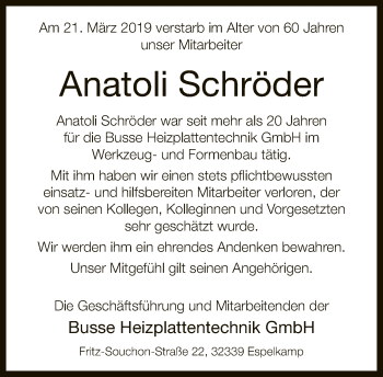 Traueranzeige von Anatoli Schröder von Neue Westfälische
