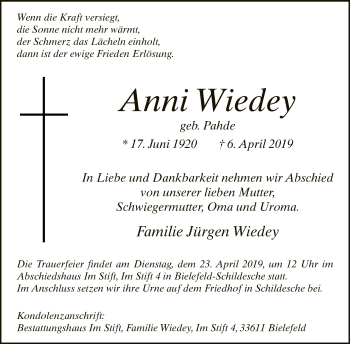 Traueranzeige von Anni Wiedey von Neue Westfälische