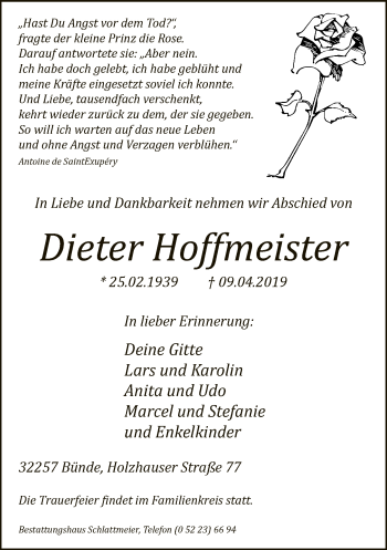 Traueranzeige von Dieter Hoffmeister von Neue Westfälische