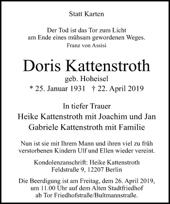 Traueranzeige von Doris Kattenstroth von Neue Westfälische