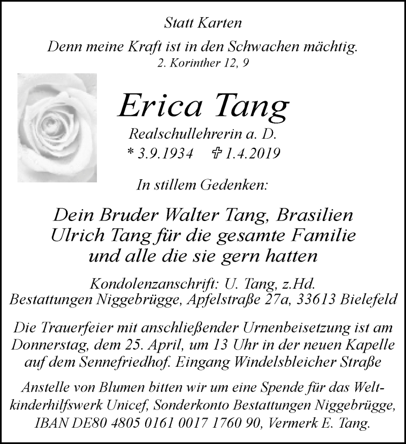  Traueranzeige für Erica Tang vom 13.04.2019 aus Neue Westfälische