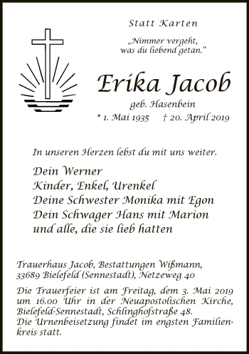 Traueranzeige von Erika Jacob von Neue Westfälische