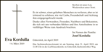 Traueranzeige von Eva Kordulla von Neue Westfälische