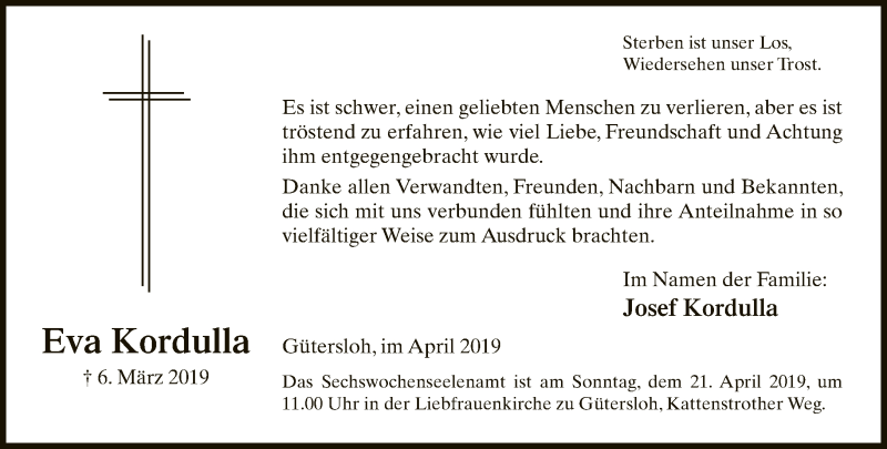  Traueranzeige für Eva Kordulla vom 13.04.2019 aus Neue Westfälische